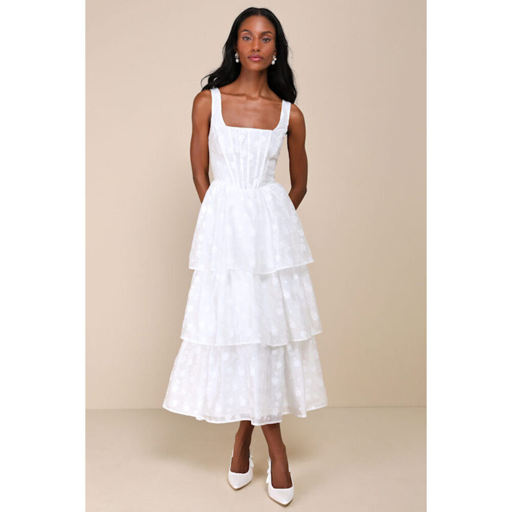 Lulus Sweet Potential White Floral Burnout Bustier Tiered Midi Dress - Size L